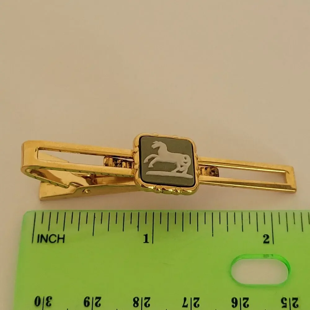 Wedgwood Gold Green Tone‎ Tie Bar Clip with Jasper Horse Cameo Vintage Retro